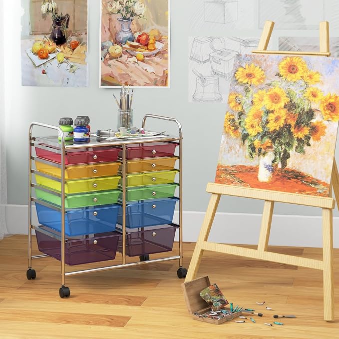 BECOMFORT 12-Drawer Rolling Cart with Drawers, Storage Cart on Wheels, Teacher Classroom Organizers with Metal Frame, Mobile Craft Cart, Trolley Utility Cart for School Office Play Room