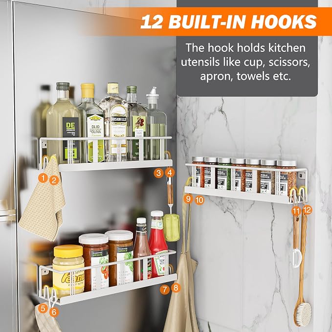 Bunoxea Spice Rack Wall Mounted 3 Pack,RV Spice Rack,White | 12 Built-in Hooks,3 Versatile Sizes, Space-Saving,Flat Base, Screw or Adhesive, For Kitchen Cabinet, Pantry Door,Stove,RV