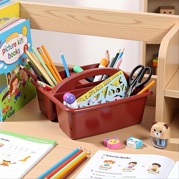Kathfly 4 Pack Classroom Caddy Organizer with Handle, Plastic Art Craft Cleaning Caddy Bulk, Small Multipurpose Supply Organization Storage Basket for Table Desk Office Pencil Teacher (Deep Color)