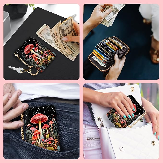 Blusabaca RFID Credit Card Holder Small Women Travel Wallet, Cute Mushrooms | Removable Keychain, Case with Zipper, Vegan PU Leather, Cash Coin Pocket, Business Accordion Purse, Ladies Female Gift