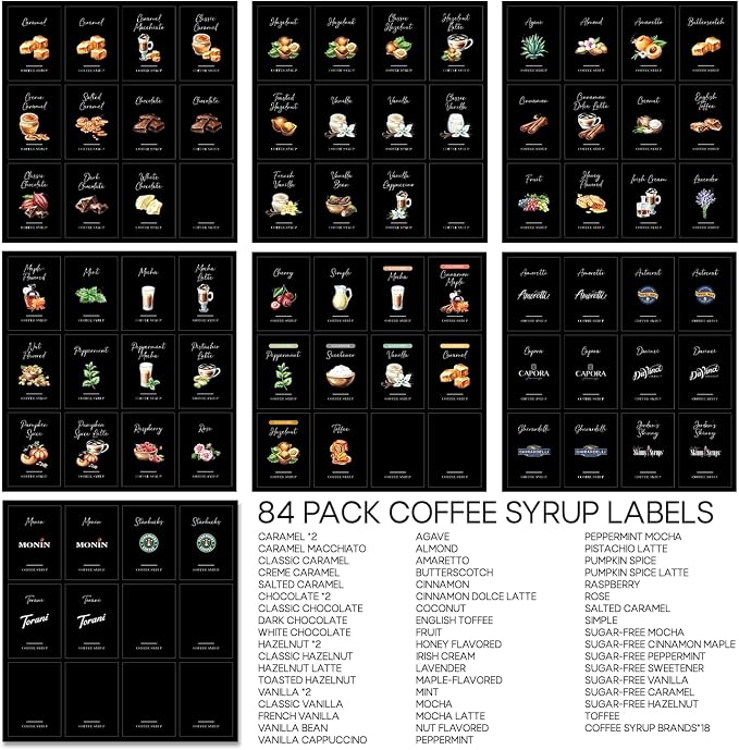KYONANO 84 Black Coffee Syrup Labels - Elegant Pattern Decor for Coffee Station, Waterproof Labels for Syrup Dispenser & Bottle Organization