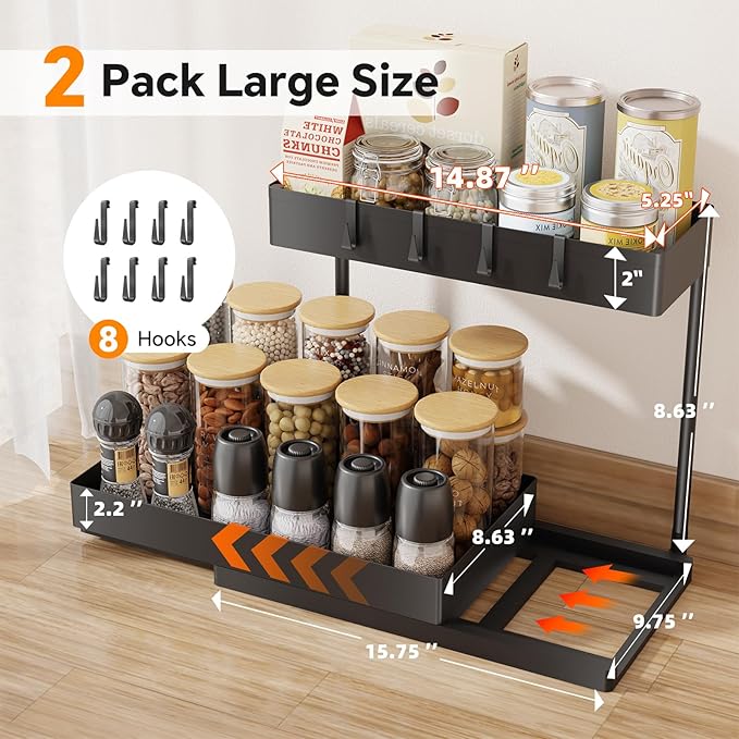 Simple Trending Multi-Purpose Pull-Out Storage Organizers, 2 Tier Under Sink Organizer, Stackable Cabinet Drawers Bins for Kitchen, Bathroom, Closet, Black, 2 Packs