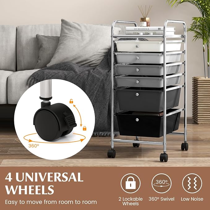 GOFLAME 6-Drawer Rolling Storage Cart, Multifunctional Art Craft Organizer Cart, Mobile Utility Storage Cart with Removable Drawers & Lockable Wheels, Craft Cart for Home Office, School, Gray Gradient