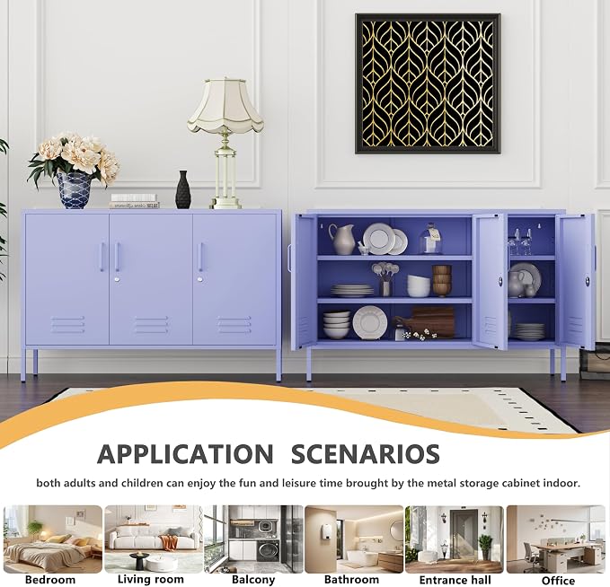 Purple Wide Metal Storage Cabinet, 32" H Heavy Duty Steel Locker with Lock, 2 Adjustable Shelves & Ventilated Doors for Home Office Kitchen Living Room