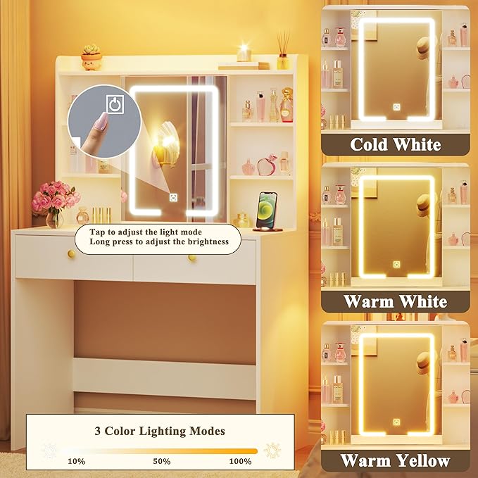 HUAHUU Vanity Desk with Mirror and Lights, 31" Makeup Vanity Desk with Lights 3 Colors, Small Vanity with 2 Storage Drawers & 6 Shelves for Girls Women Bedroom, White