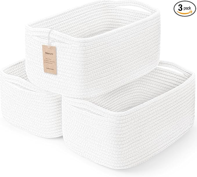 3-Pack Storage Baskets for Organizing | Woven Shelf Toy Basket | Rope Baskets for Gifts Empty | Closet Organizer Bins with Handles | Cube Decorative Box | 13.7×7.1×6.7” | White