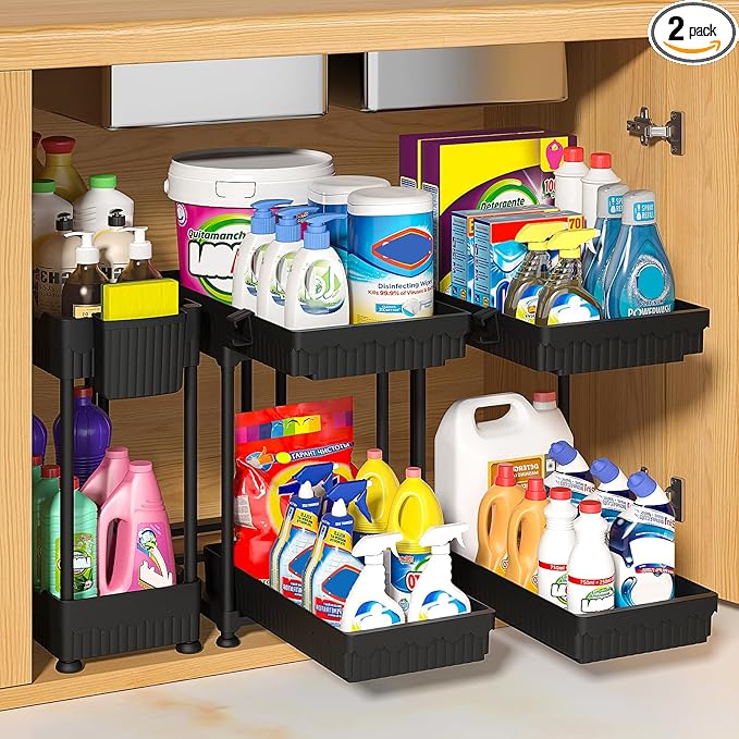 Sevenblue 3 Pack Under Sink Organizer, 2 Tier Slide Out Bathroom Cabinet Organizer, Multi-Purpose Storage Shelf for Kitchen, Black, 12.8Inch