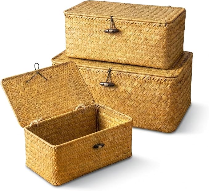 Yesland Small Shelf Baskets with Lid Set of 3, Compact Handwoven Seagrass Storage Bins Rectangular Wicker Basket for Shelf Organizer, Closet, Desktop