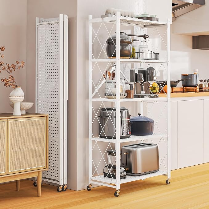 Fenbeli 5 Tier Storage Shelf with Wheels - Metal Collapsible Shelving Unit Display, Heavy Duty Folding Shelves, No Assembly Organizer Rack for Garage Kitchen, Basement, Pantry (White, 5 Tier)