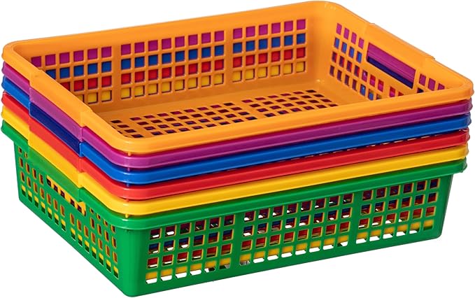 Basicwise 6-pc Assorted Colors Plastic Storage Basket Stackable Organizers for Paper Books Craft Supplies Pantry Items or Classroom Use Multi-Purpose Desk Accessories for Home School Daycare or Office