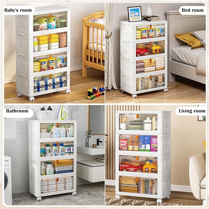 4 Tier Plastic Storage Bins with Lids 35QT, Stackable Storage Containers with Wheels, Folding Storage Boxes, Collapsible Storage Bins