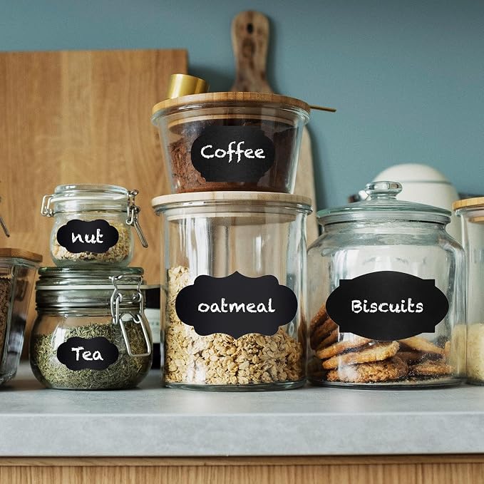 ONUPGO Chalkboard Labels Stickers Bulk - 196 Reusable Chalk Sticker Labels with Erasable Chalk Maker, Removable Waterproof Blackboard Labels for Containers, Glass, Mason Jar Labels | Removable, Waterproof, Reusable Chalk Labels, For Storage Bins & Food...