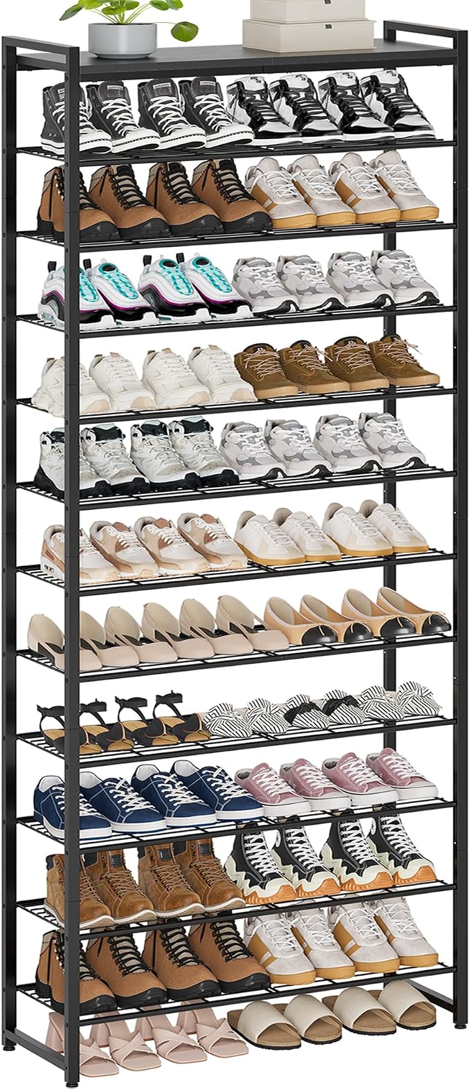 12 Tier Shoe Rack Organizer for 48-60 Pairs, Tall Metal Shoe Storage Shelf with Wood Top, Adjustable Boot Space, Narrow Design for Entryway Closet, Black