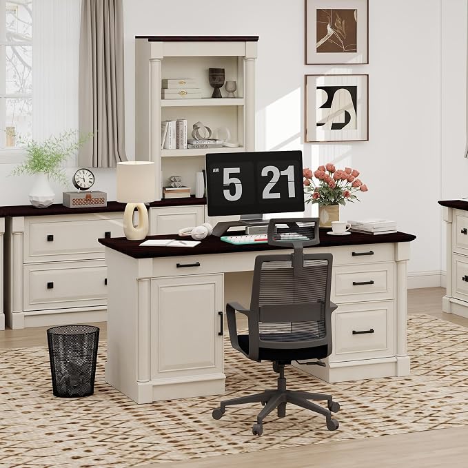 blini Large Farmhouse Executive Desk with Drawers，Wood Computer Desk，Embossed Texture Home Office Desk with File Cabinet Storage, Cable Management, Keyboard Tray，Working Table for Work Study Writing