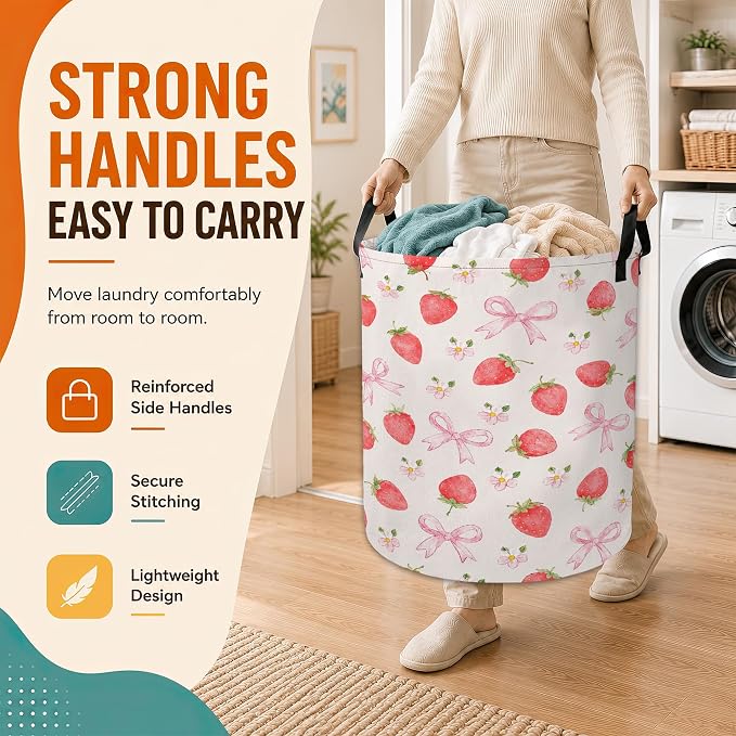 Strawberry Laundry Basket,Pink Bow Flower Foldable Oxford Laundry Hamper with Handles,Collapsible Clothes Storage Bucket Tote Bag for Laundry Room,Bathroom,Bedroom,Dorm