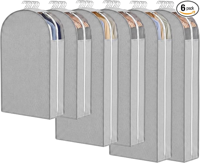 6 Pack Garment Bags for Hanging Clothes, 40"/50"/60" Suit Bags for Open Closet, 10" Gusseted Waterproof Dustproof Clothes Storage Closet, Dress, Coat, Travel (Window Style,Gray)