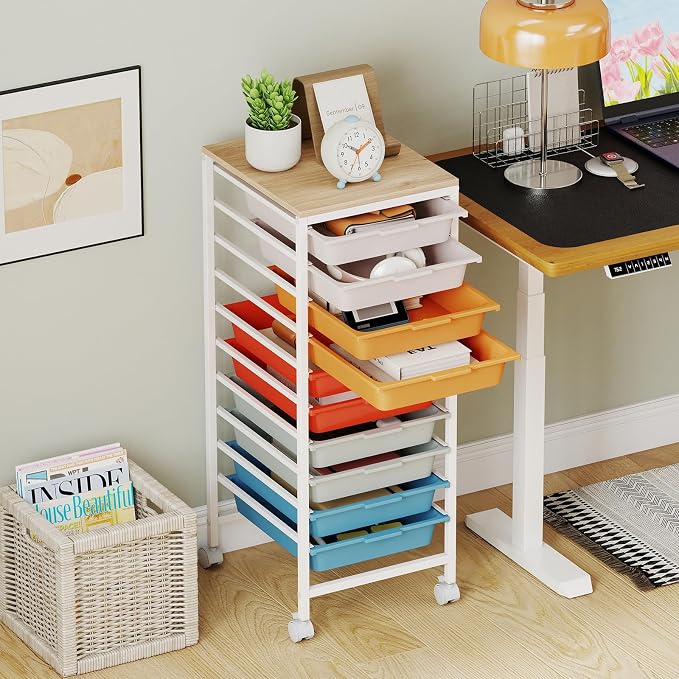 GOFLAME 10-Drawer Rolling Storage Cart, Craft Storage Cart with Wooden Tabletop and Lockable Wheels, Art Cart Supply Storage Organizer with Metal Frame for Home Office Classroom, Macaron Color