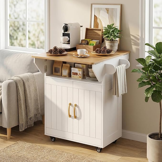 MAHANCRIS Kitchen Island on Wheels, Rolling Island Cart with Drop Leaf, Mobile Kitchen Island with Storage, Kitchen Island Table with Adjustable Shelf and Hooks, for Kitchen White and Natural KIBN9801