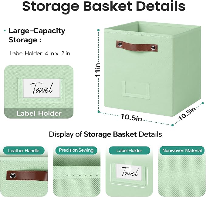 FinishingBo 10.5" x 11" Storage Bins with Labels 6 Pack | PU Leather Handles, Foldable Storage Cubes, Storage Baskets, Closet Storage, Green