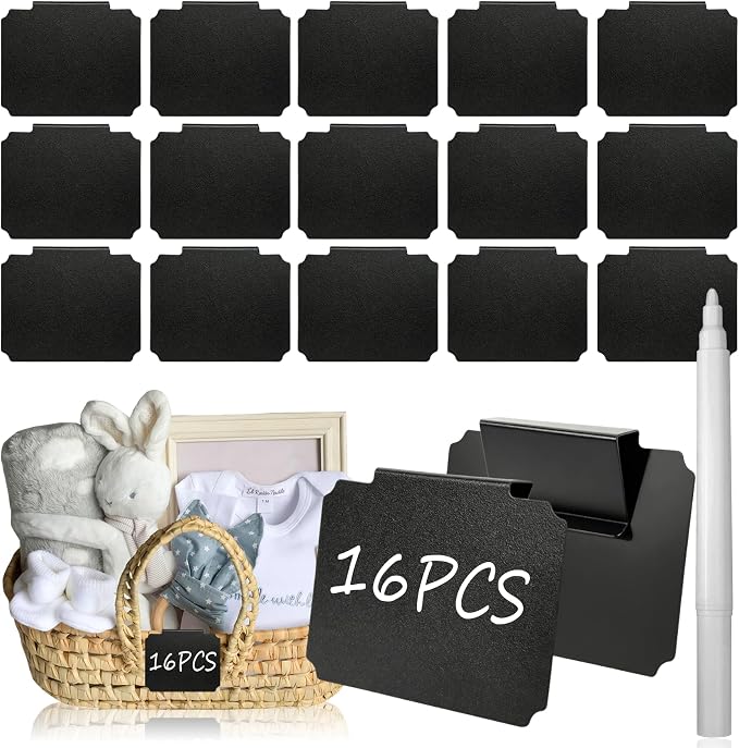 Basket Labels Clip On Set:16 Pcs Plastic Removable Labels with 1 Pcs White Chalk Marker for Storage Bins,Kitchen Pantry,Fabri Box,Hanging Bin