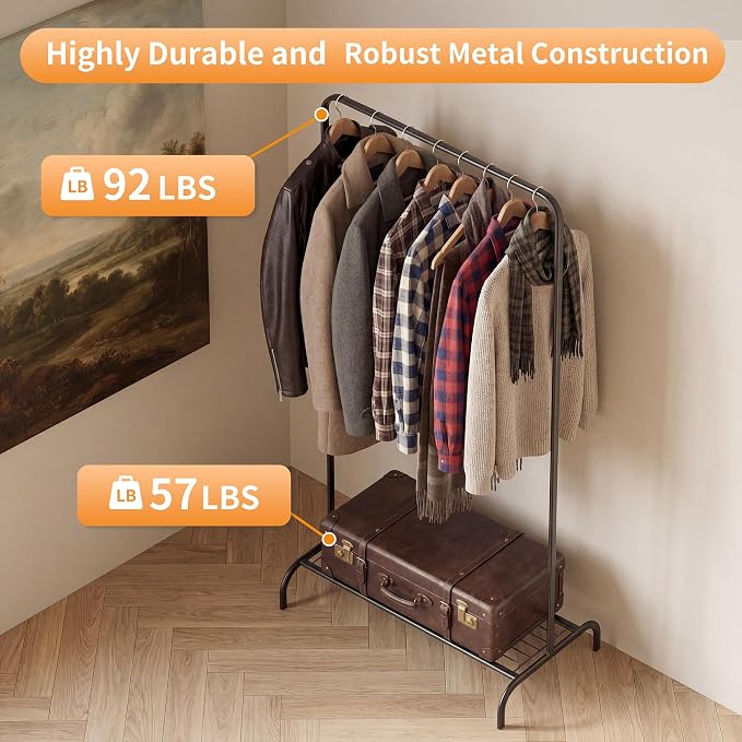 Black Clothing Rack 2 Pack for Small Spaces, Freestanding Metal Garment Rack with Bottom Shelf, Stable Clothes Organizer for Bedroom, Apartment, Dorm Room, 92LBS Capacity