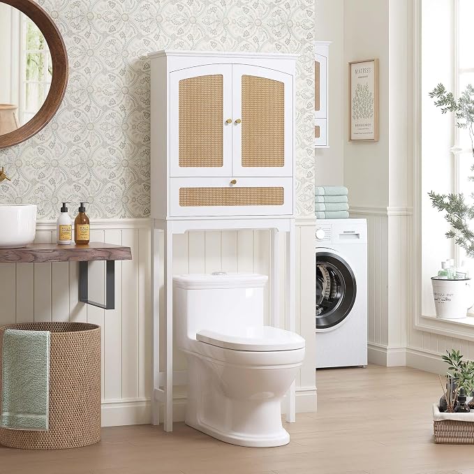 Spirich Over the Toilet Storage Cabinet with Arched Rattan Doors, White | Tilt-Out Storage Cube, Adjustable Shelf, 33-Inch Clearance, Anti-Tip Bracket, Freestanding Bathroom Organizer for Toiletries