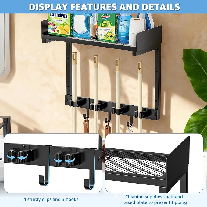 HUFAND Broom Holder Wall Mount, 15" Large Mop and Broom Organizer Wall Hanging with Top Storage Shelf, Heavy Duty Iron Utility Rack for Laundry Room, Garage, Kitchen, Garden - Black