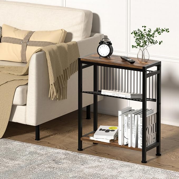 Side Table for Small Spaces, Narrow End Table with Magazine Holder, 2 in 1 Design Slim Side Table, Skinny Nightstand for Living Room Bedroom, Thin Side Magazine Table, Rustic Brown
