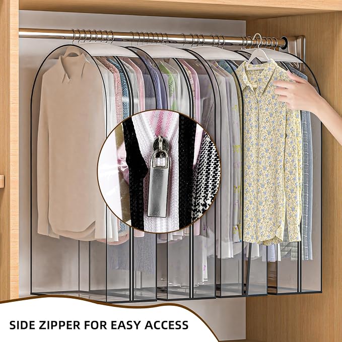 Upgraded Thickened Clear Garment Bags for Hanging Clothes 4 Packs, 10“ Gusseted Clothes Hanging Storage Bags for Closet, Shirts, Coats, Dresses (32 inch)