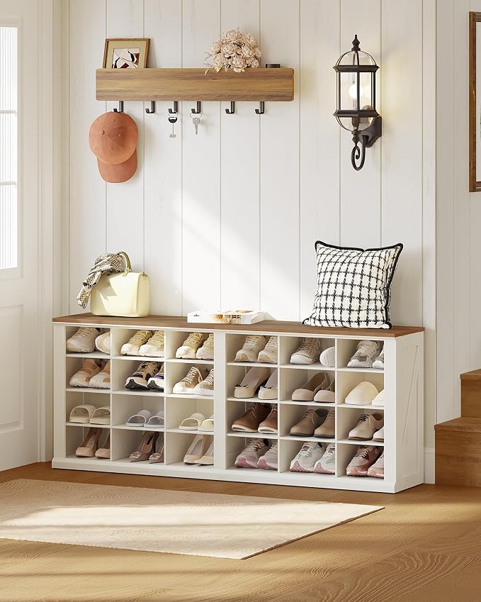 Hzuaneri Shoe Storage Bench, Wooden Entryway Shoe Benches with Cubby | Widened Wooden Farmhouse Shoe Bench with Compartments, Shoe Rack Benches for Cloakroom, Living Room, Antique White SB52514B