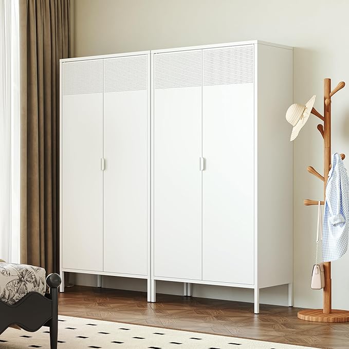 Ustamio 71 Inches White Metal Wardrobe Cabinet with Hanging Rod, Metal Armoire Wardrobe Closet with Doors for Bedroom, Office, Laundry Room and Changing Room, Metal Locker Cabinet