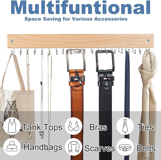 Belt and Tie Organizer for Closet, Tie and Belt Rack Wall Mounted with 20 Storage Hooks, Non Slip 180 Degree Rotating Tie Holder Belt Hanger for Closet/Wall Mount