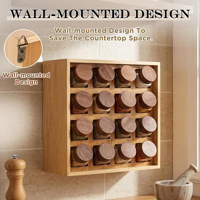 Novabright 16 Grids Bamboo Spice Rack Organizer, Wooden Spice Rack Wall Mount with Square Compartments, Wood Hanging Shelf for 4 oz Glass Jar Drawer Cabinet Kitchen Countertop Wall, Jars Not Included