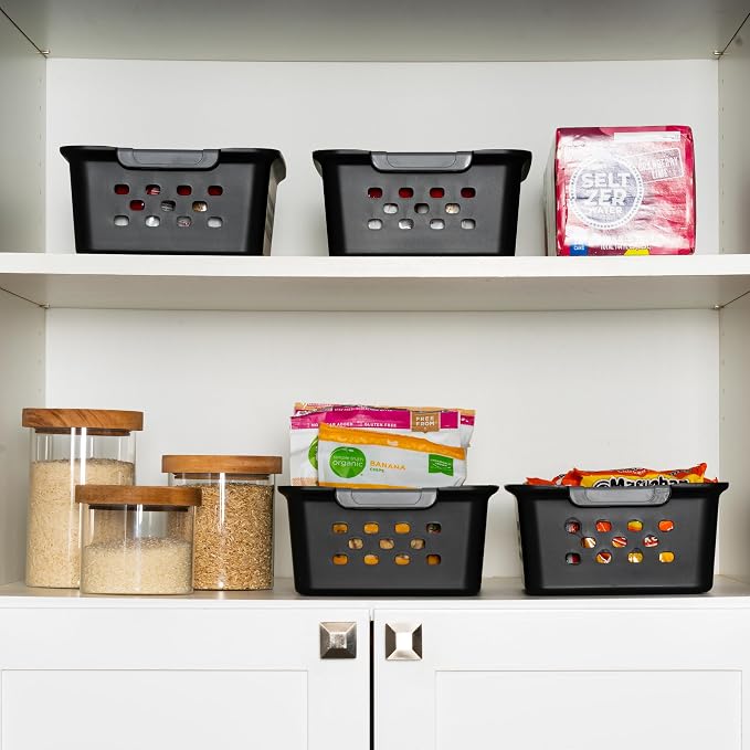 IRIS USA Plastic Storage Basket Bundle, Small - 12 Pack + Medium - 6 Pack, Shelf Basket Storage Organizer for Pantry, Cabinet, Bedroom, Closet, Laundry Room, Home Work Office, Craft Supplies, Black
