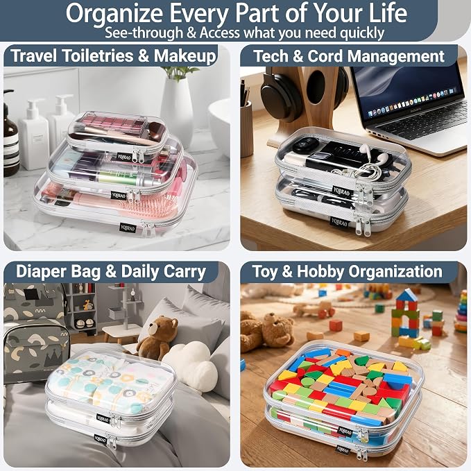 YQBRAO Clear Hard Shell Organizer Cases, 3-Pack, Gray | Rigid 1.2 mm PET organizers with multi-size design for travel storage, home use, and everyday essentials