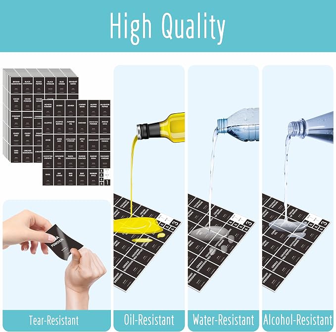 432 Removable Spice Labels, 396 Pre-Printed Herb Seed Seasoning Sauce Oil Vinegar Stickers, 36 Blank Ones, Waterproof Oil&Tear Resistant, No Residue for Kitchen Pantry Containers Jars(White on Black)