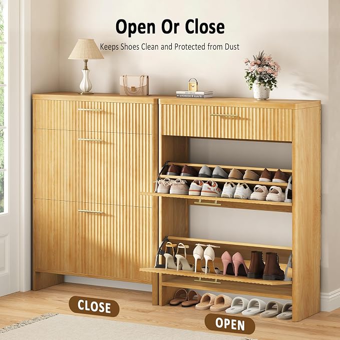 Fluted Shoe Storage Cabinet for Entryway, Narrow Wooden Shoe Cabinet with 2 Flip Drawers & Pull-Out Drawer, Modern Freestanding Slim Shoe Organizer Rack for Foyer/Hallway/Living Room, Oak