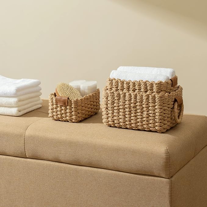 LA JOLIE MUSE Small Wicker Baskets, 3 Pack Paper Rope Storage, Desert | Decorative Small Baskets, Faux Leather Tag, Round Handle, Organizer for Shelves Bedroom Kitchen Office