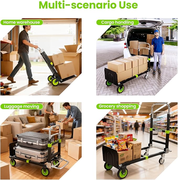 3-in-1 Folding Hand Trucks, 600Lbs Convertible Hand Truck Dolly, Heavy Duty Convertible Dolly with Retractable Handle and 4 Rubber Wheels, Collapsible Cart for Moving Office/Home/Warehous(Green)