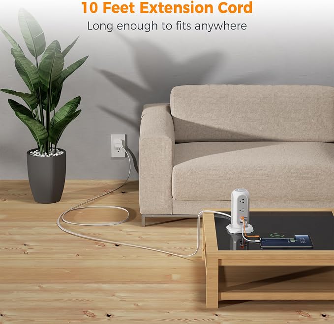 TESSAN Tower Power Strip Flat Plug with 1050J Surge Protection, 10 Ft, Grey | 11 Outlets 3 USB (1 USB C), Surge Protector Power Tower, Extension Cord with Multiple Outlets, Dorm, Office Desk Supplies