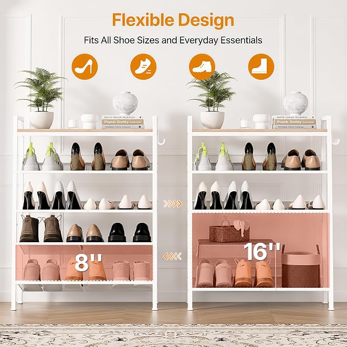 5 Tier Shoe Rack, Shoe Rack for Entryway with Hook, Shoe Organizer with Adjustable Mesh Shelves, Metal Shoe Storage, Closet, Bedroom Living Room Garage