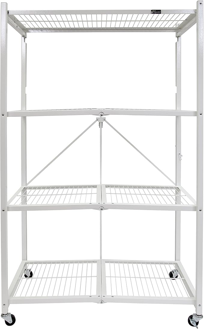 Origami R5 4-Shelf Heavy-Duty Folding Storage Rack, White - Large Foldable Metal Shelving Unit with Wheels for Garage, Pantry, Basement, Laundry Room or Warehouse