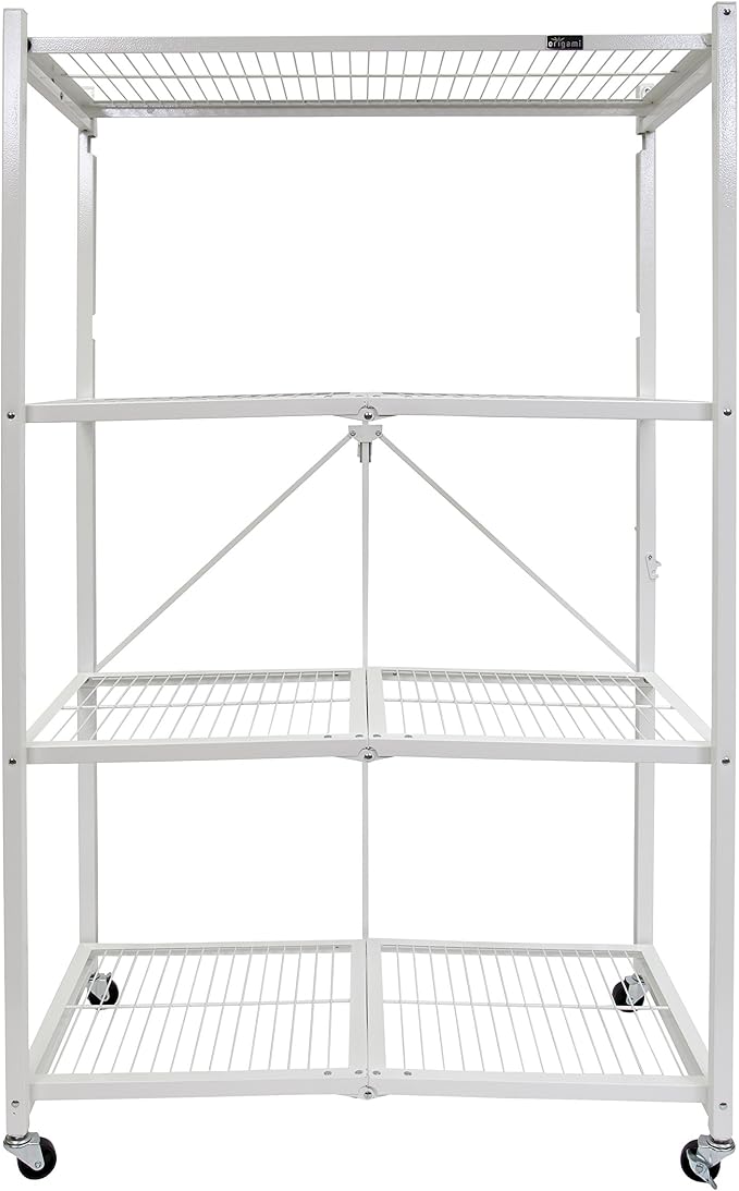 Origami 4-Pack R5 Storage Rack, 4-Tier Heavy-Duty Foldable Steel Shelf with Wheels, White