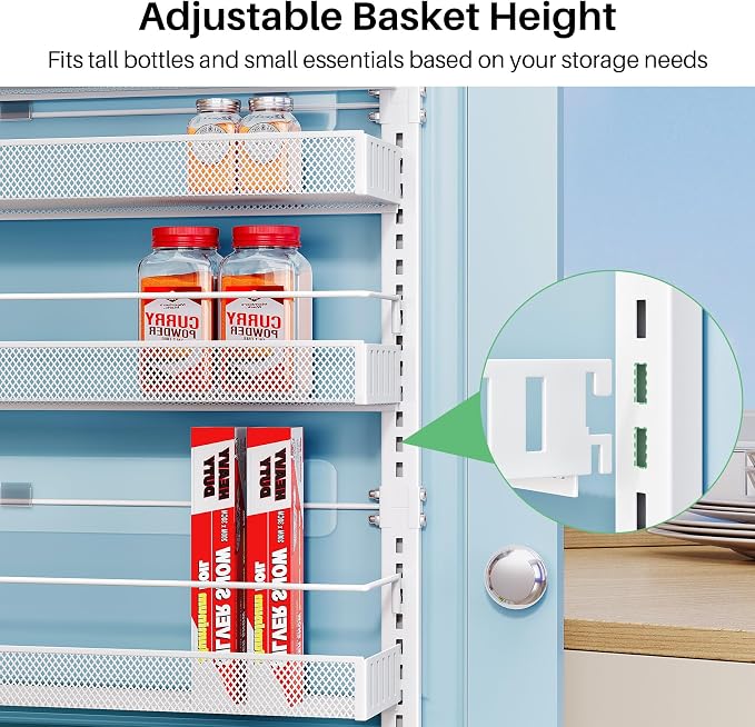 SNTD 8 Tiers Over the Door Organizer - Height Adjustable Pantry Organizers and Storage with Dense Mesh Baskets, Anti-Swing Hanging Door Spice Rack for Kitchen Bathroom (White, 17" W x 6" D x 69" H)