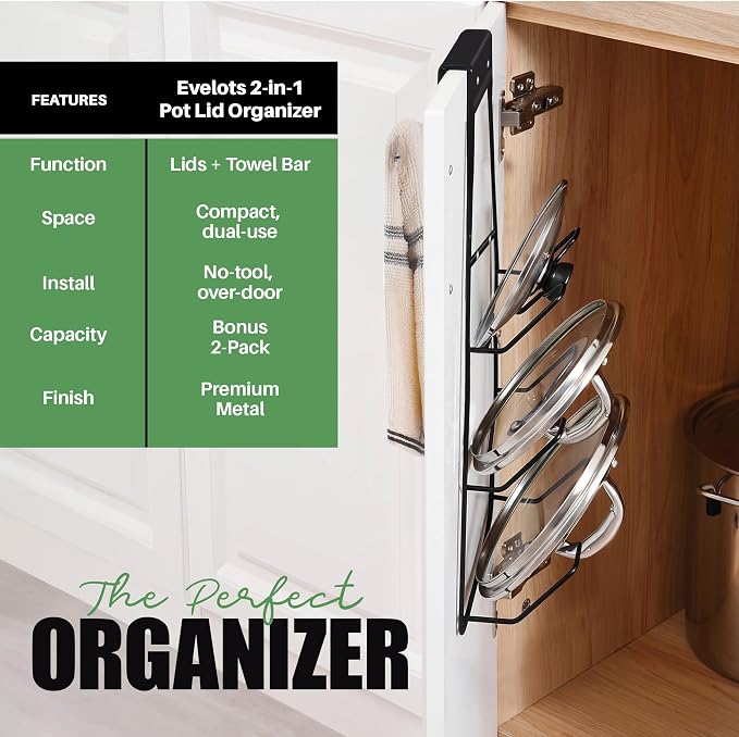 Evelots 2-in-1 Pot Lid Organizer with Towel Holder, 2 Pack, 3-Tier Cabinet Door Organizer, Over-the-Door Pot & Pan Lid Holder Rack for Glass & Metal Lids, Kitchen Storage, Black