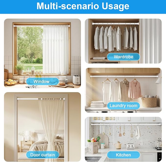 MEXAU 1 Pack Spring Tension Curtain Rods 31-76 Inch White Shower Curtain Rod No Drilling Adjustable Spring Loaded Curtain Rods 7/8" Diameter Shower Rods for Window Bathroom Closet Doorway Door