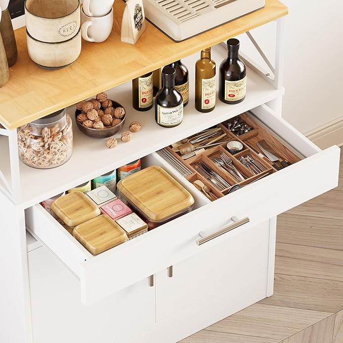Meilocar Buffet Cabinet Kitchen Sideboard with Storage and Drawer, Farmhouse Storage Cabinet for Living Room, Dining Room, Hallway, White & Yellow Top