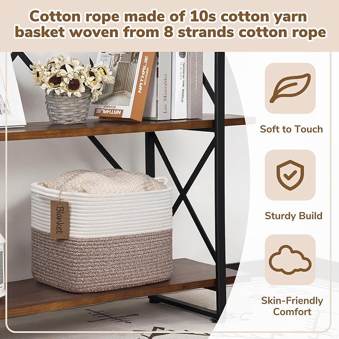 Goodpick Woven Storage Basket, Cotton Rope Baskets for Toys, Books, Small Baby Laundry Baskets with Handles, Rectangle Dog Toy Basket for Living Room, 13 x 10 x 9 Inches
