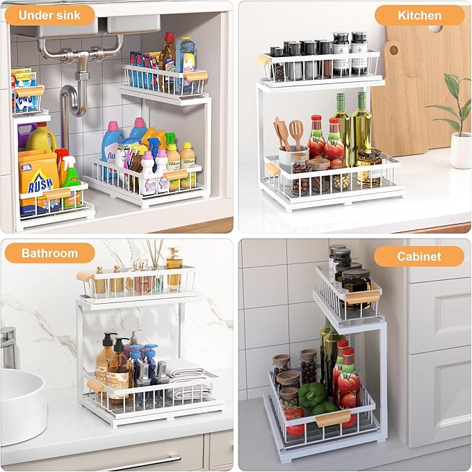 Under Sink Organizer 2 Tier, Pull Out Drawer Slides Under Sink Storage for Bathroom Kitchen,Multi-Purpose Drawer Under Cabinet Organizer for Cleaning Supplies (White, Large-1 Pack)