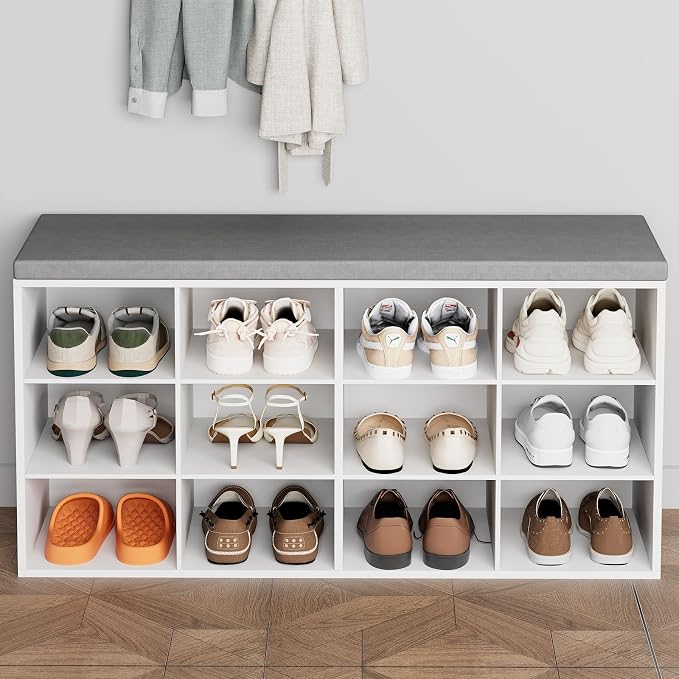 Aenuert 12-Cubby Shoe Rack with Cushion, 3-Tier Wood Shoe Organizer, Multifunctional Shoe Organizer Bench for Entryway, Mudroom, Hallway, Closet,36.22 * 11.81 * 17.7 Inch, White